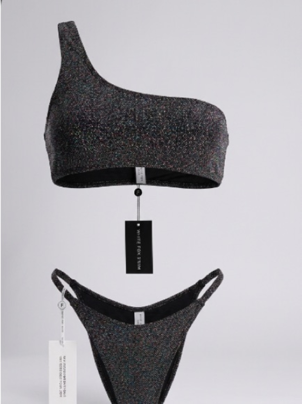 White Fox Boutique Black Bandeau Bikini Set S iridescent sparkly Set One Strap